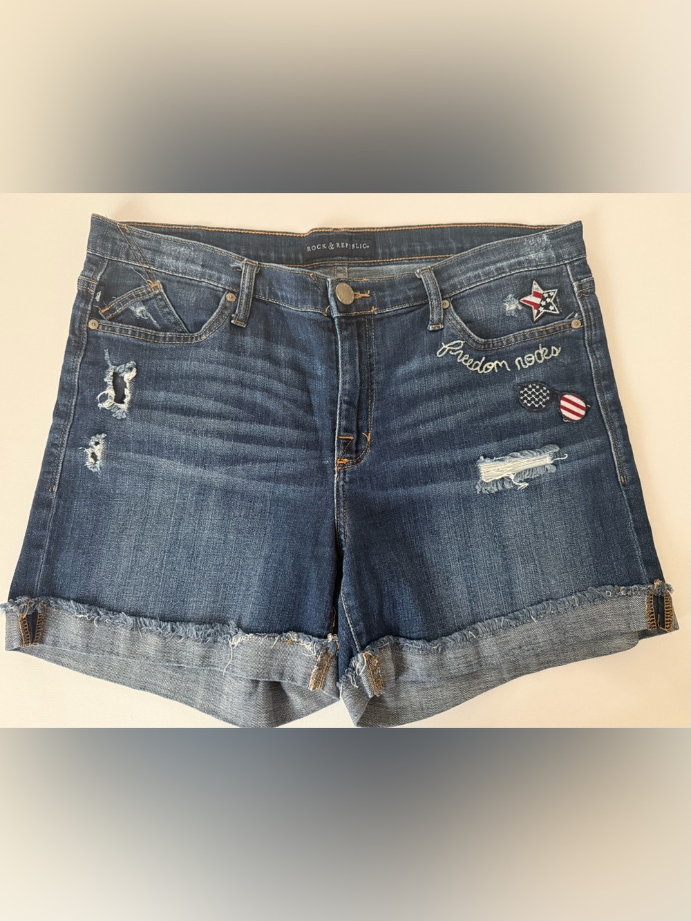 Rock & Republic Distressed Dark Wash Denim Shorts with Embroidered Patches